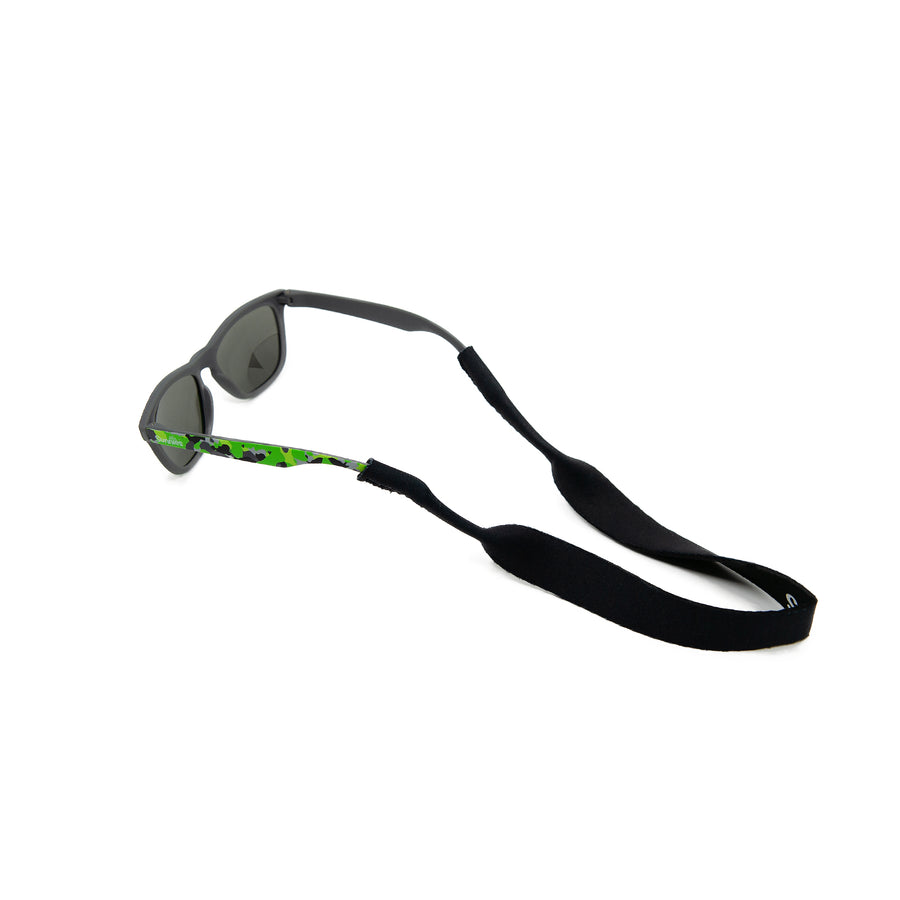 kids sunglass leash in black neoprene fabric attached to kids sunglasses