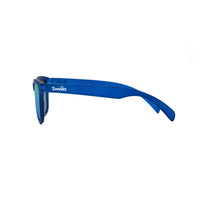 Side view of polarized kids sunglasses in a blue transparent frame