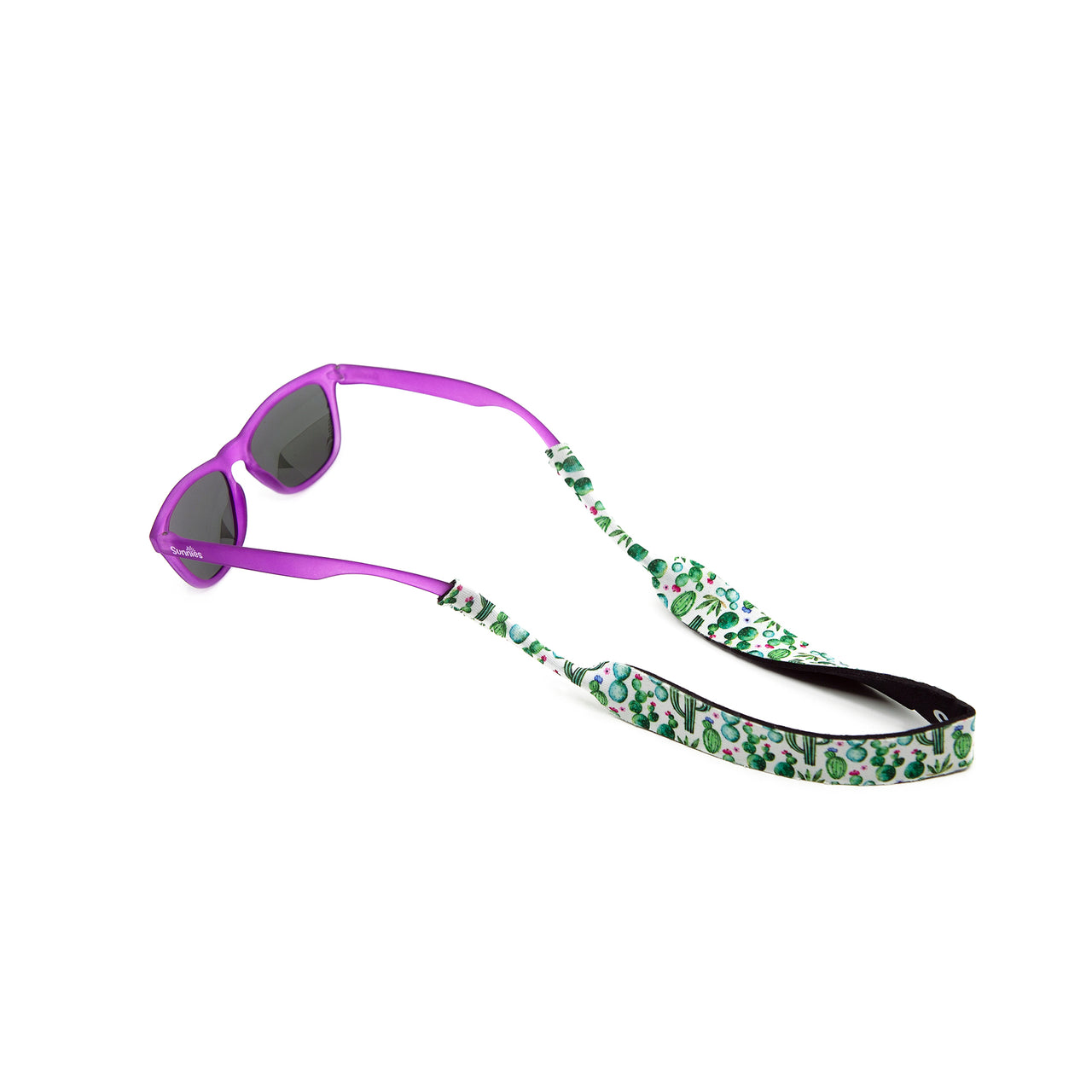 Kids sunglass leash in cactus print on a pair of kids sunglasses