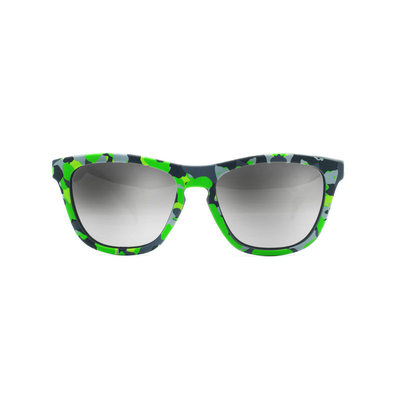 Front view of kids polarized sunglasses in a green camo print