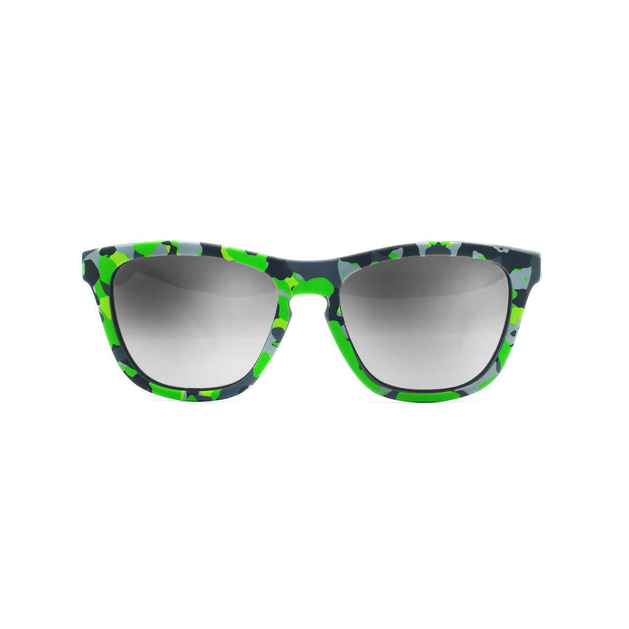 Front view of kids polarized sunglasses in a green camo print