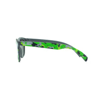 Side view of kids sunglasses in a green camouflage print