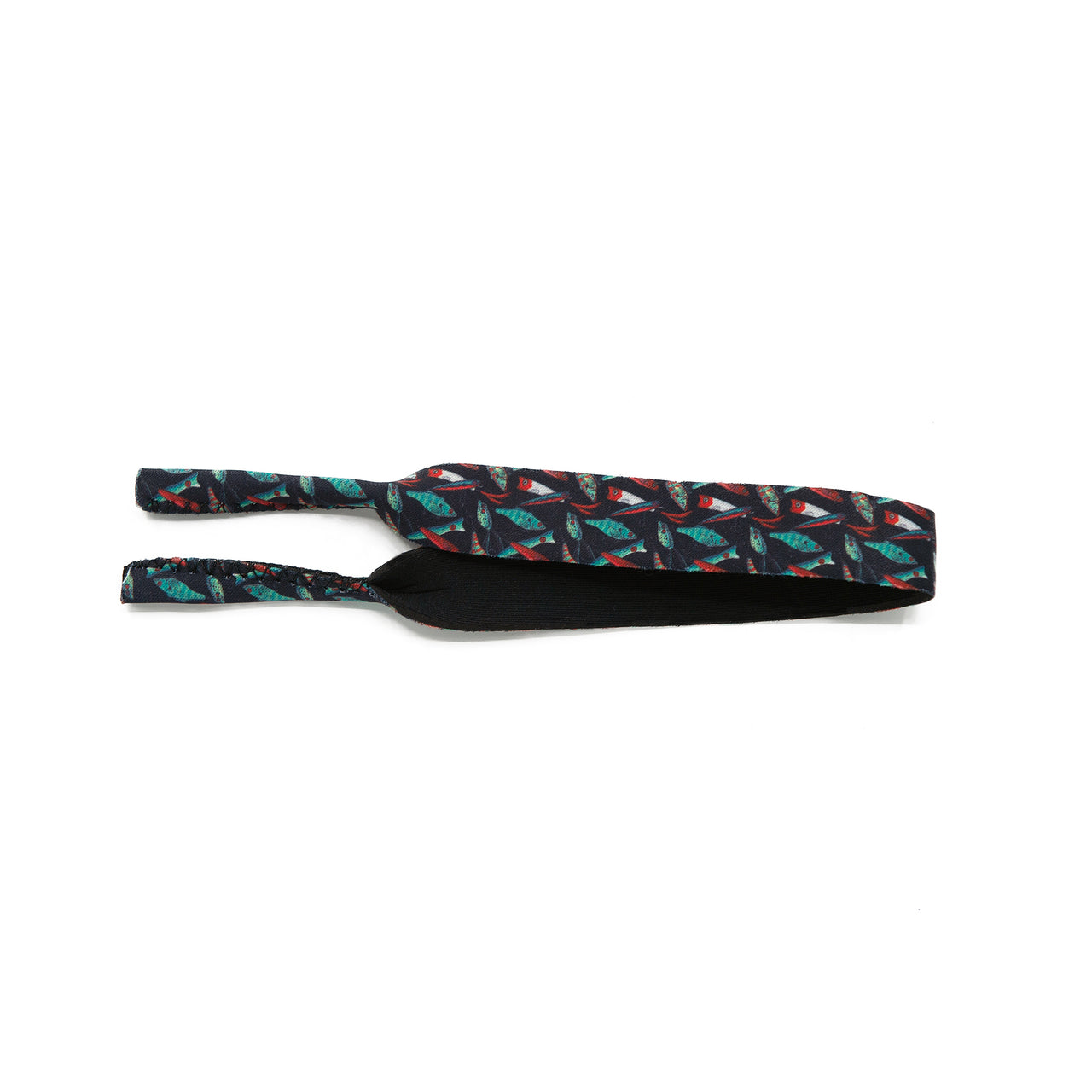 Kids sunglass strap in fishing hook print on neoprene fabric