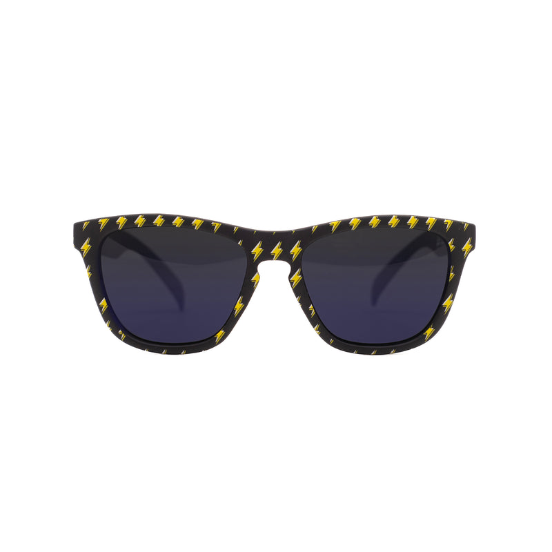 Front view of sunnies kids sunglasses in a lightning bolt print with non-reflective black polarized lenses