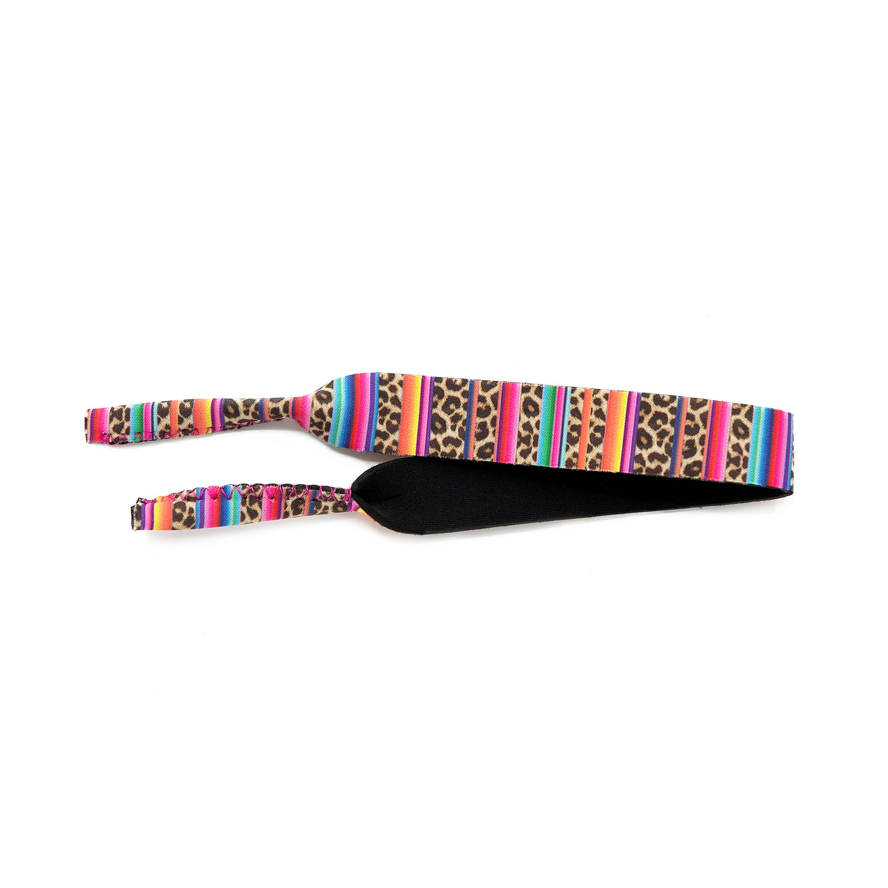 Kids sunglass strap in leopard multi colored neoprene fabric.