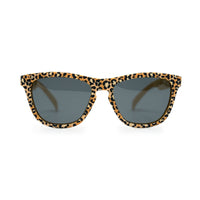 Front view of leopard kids sunglass by Sunnies with polarized lenses and 100% UVA/UVB protection and an anti-slip material