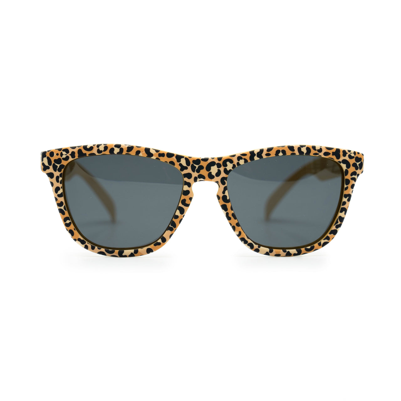 Front view of leopard kids sunglass by Sunnies with polarized lenses and 100% UVA/UVB protection and an anti-slip material