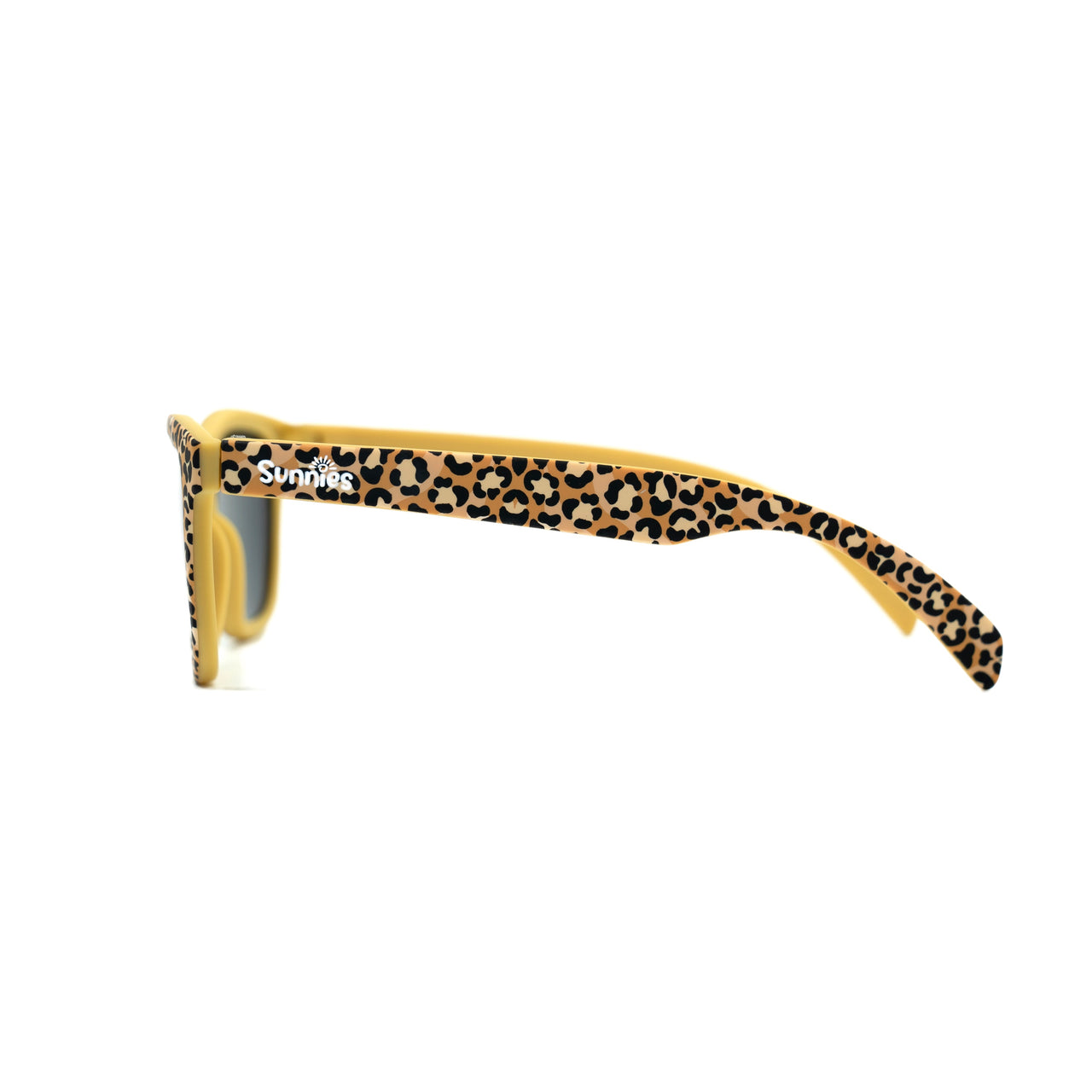 Side view of leopard kids sunglasses with anti-slip material and polarized lenses