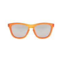 Front view of kids sunglasses with a transparent orange frame with blue sides