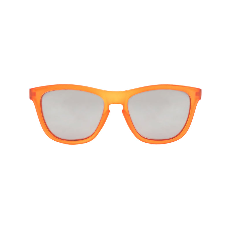 Front view of kids sunglasses with a transparent orange frame with blue sides
