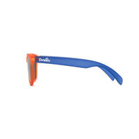 Side view of Milo Man kids sunglasses with an orange front and blue sides