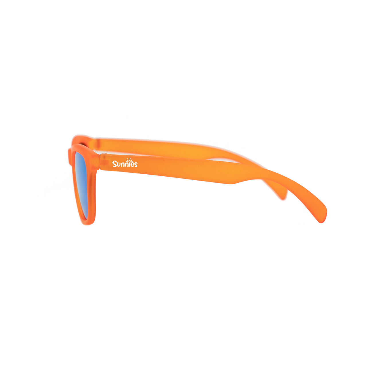 Side view of Sunnies polarized kids sunglasses with a transparent orange frame and reflective blue lenses.