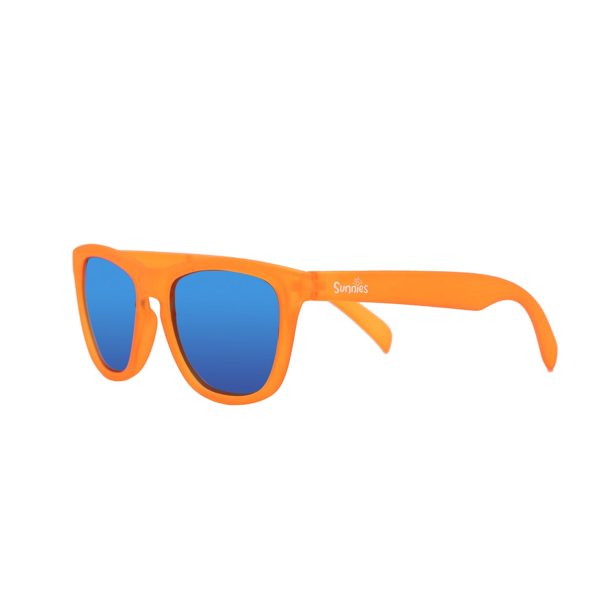 Orange polarized kids sunglasses by Sunnies with reflective blue lenses and an anti-slip material.