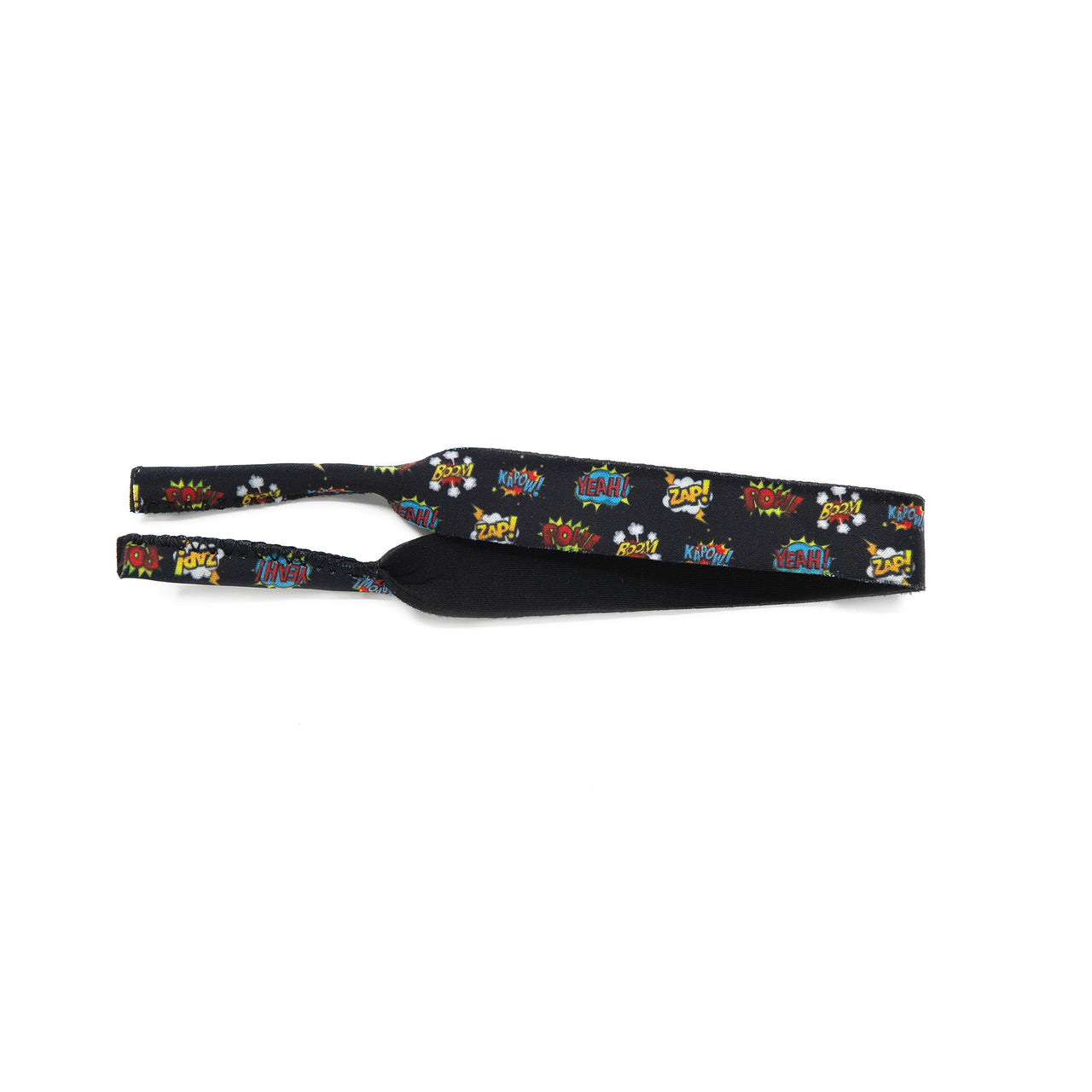 Kids sunglass strap in a comic pow print in a neoprene fabric