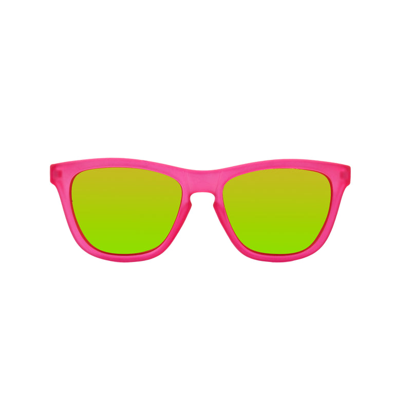 Front view of kids sunglasses with a pink frame and polarized lenses