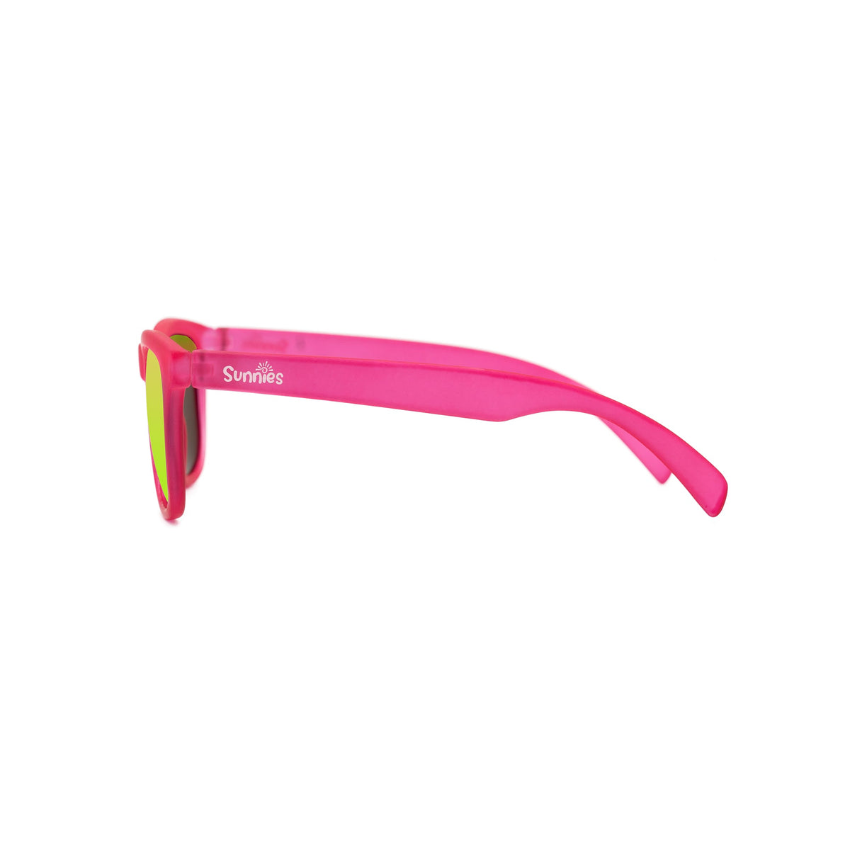 Side view of kids sunglasses with a pink transparent frame