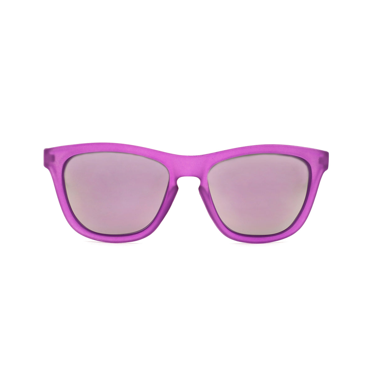 Front view of polarized kids sunglasses in a purple frame