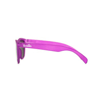 Side view of kids sunglasses in a transparent purple frame