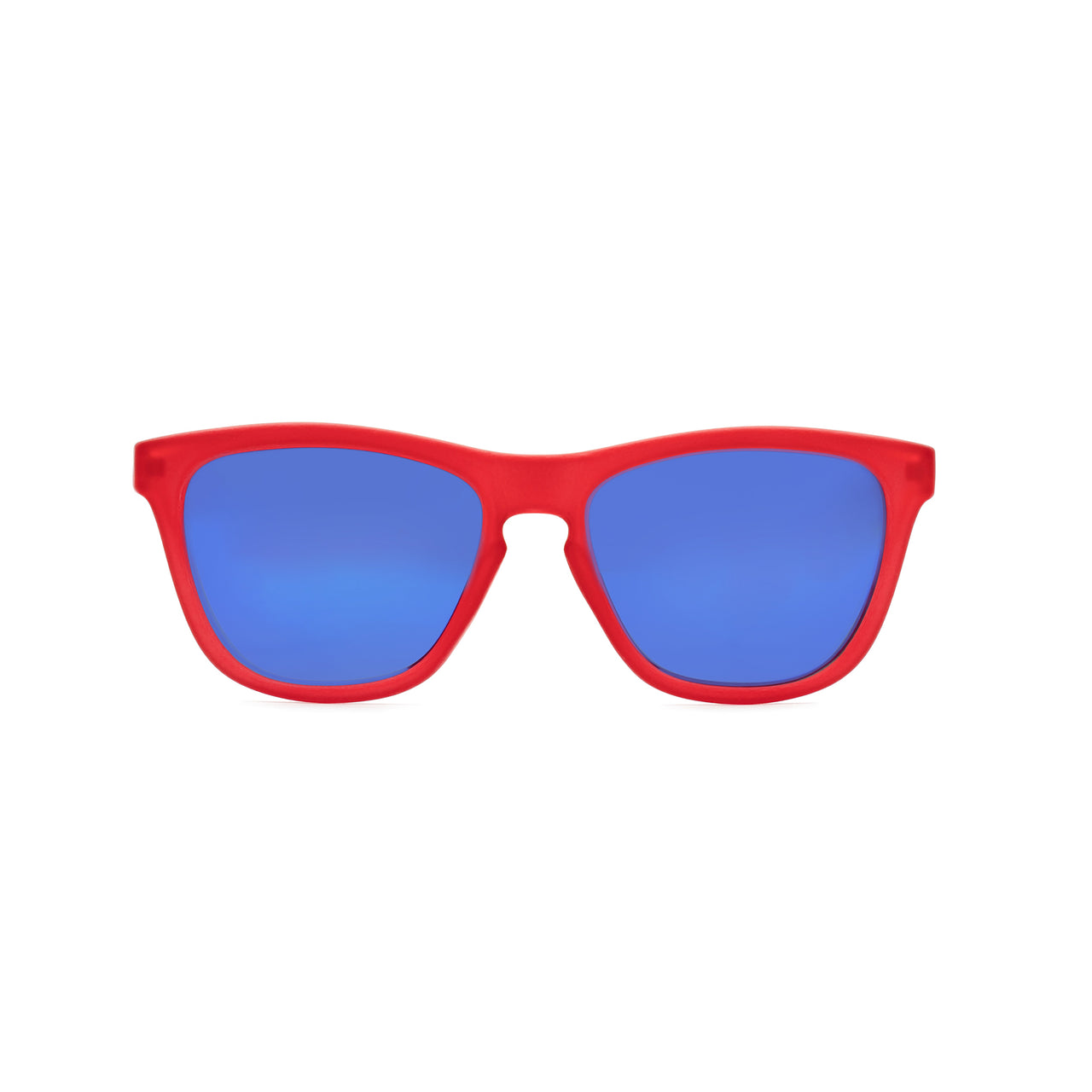 Front view of red kids sunglasses with polarized reflective blue lenses.