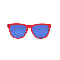 Thumbnail for Front view of red kids sunglasses with polarized reflective blue lenses.