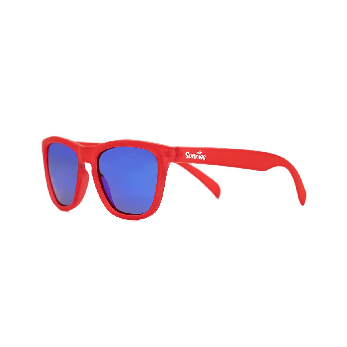 Polarized kids sunglasses in a transparent red frame and reflective blue lenses