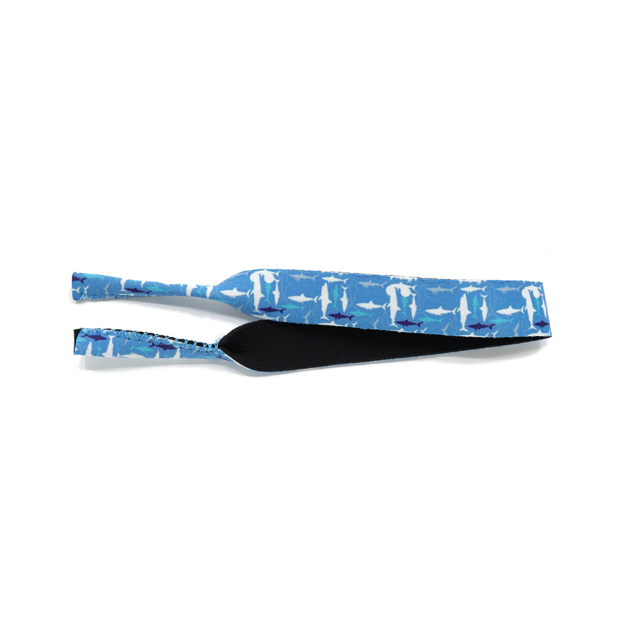 Neoprene kids sunglass strap in a shark pattern