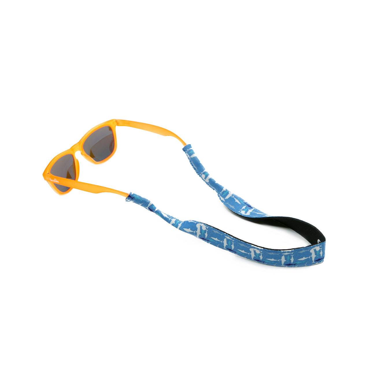 Neoprene shark sunglass strap for kids attached to kids sunglasses