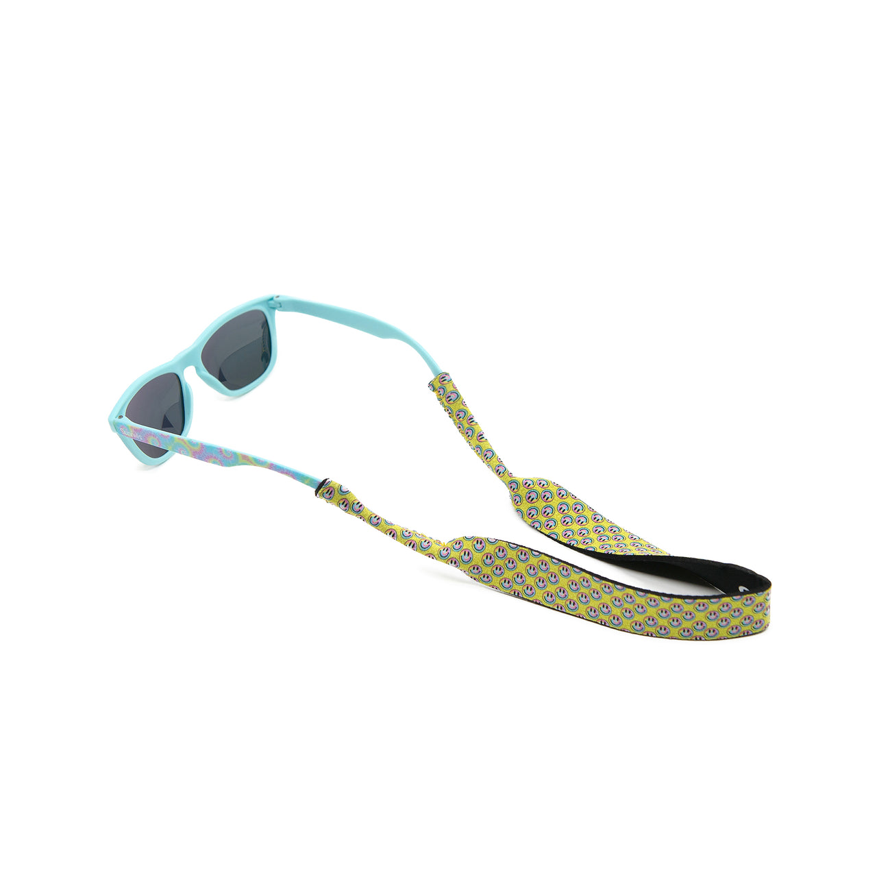 Kids sunglass leash in smiley face pattern in neoprene fabric attached to kids sunglasses
