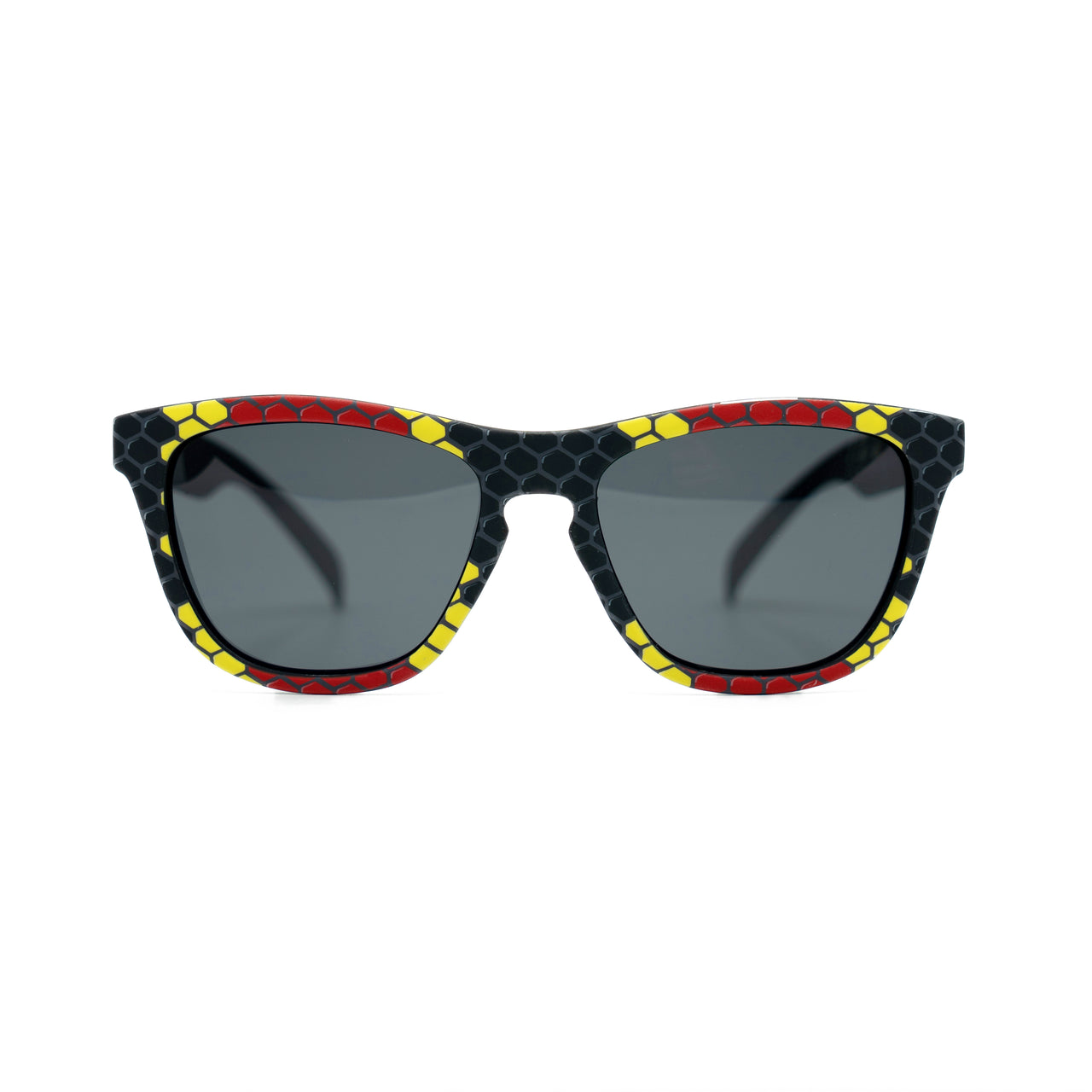 Front view of snake print sunglasses by Sunnies with polarized lenses and 100% UVA/UVB protection