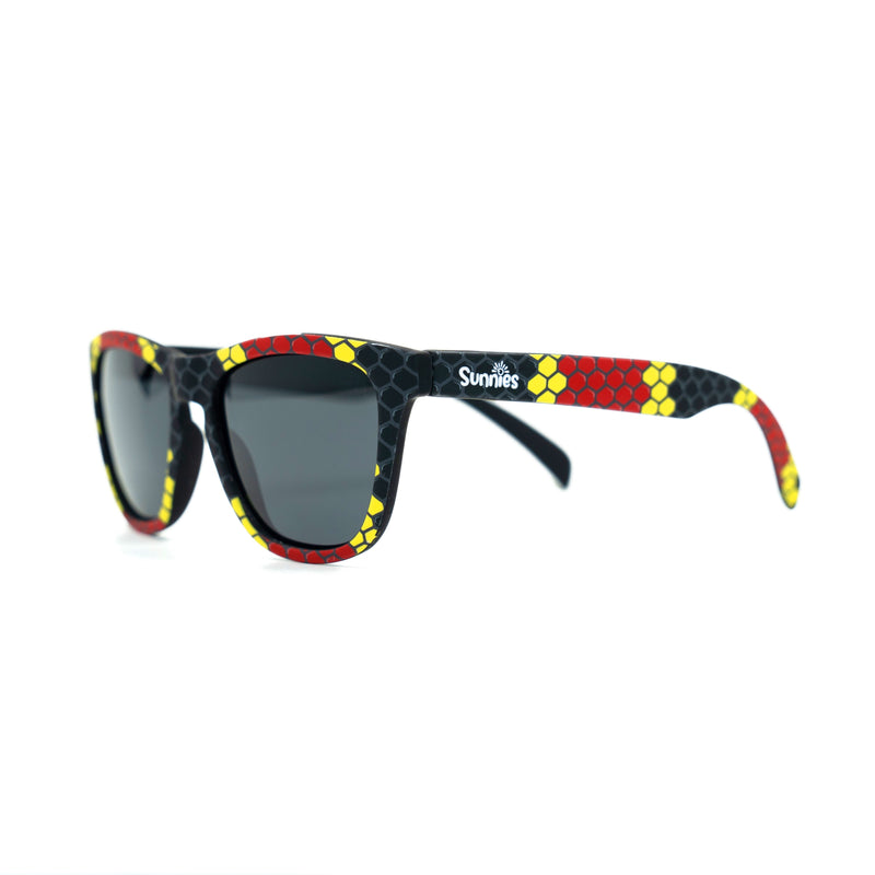 Coral snake print kids sunglasses with polarized non reflective black lenses and 100% UVA/UVB protection