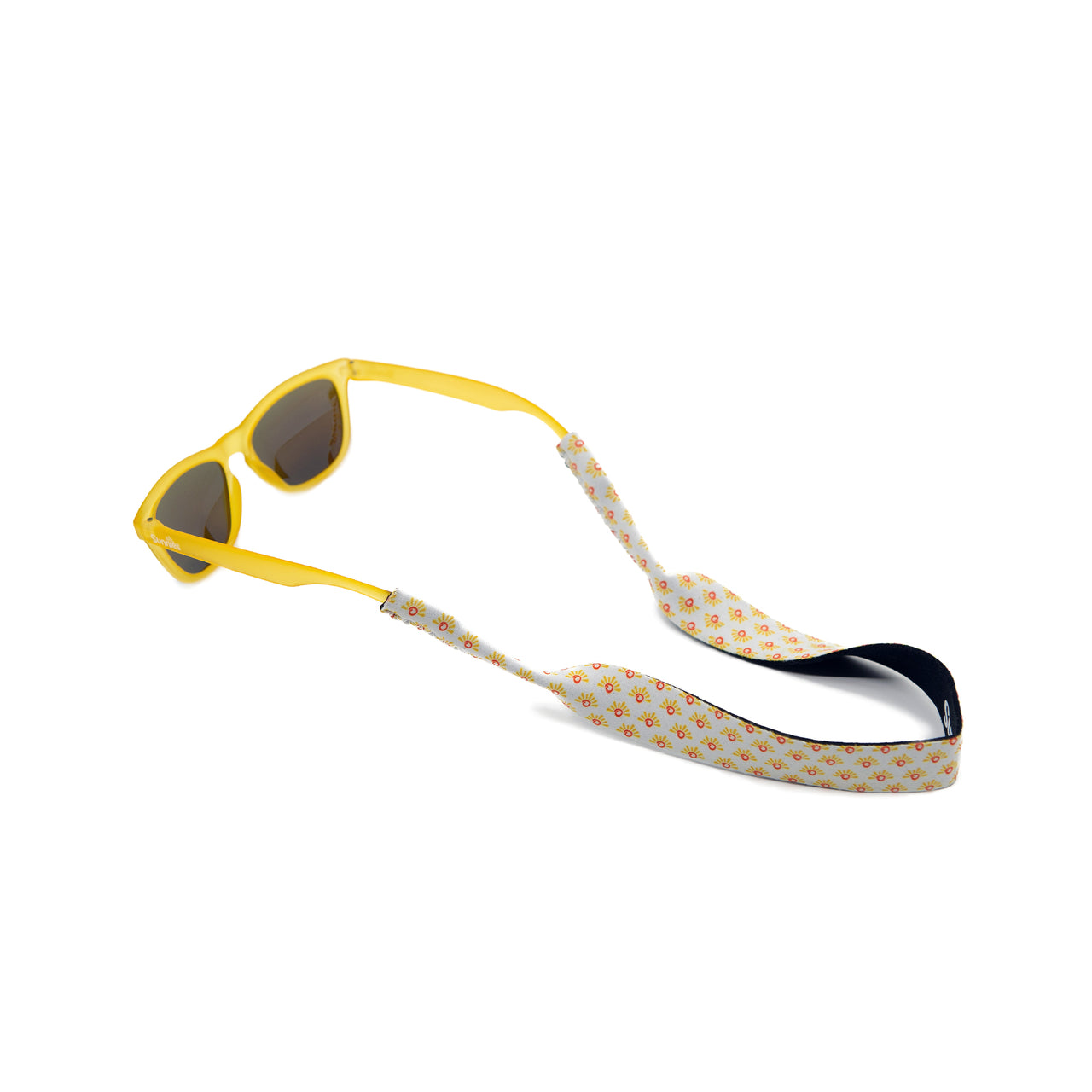 Kids sunglasses attached to kids sunglass strap in sunburst print