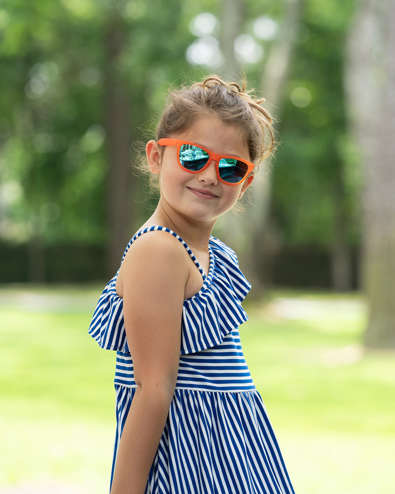 Polarized sunnies shades in frame Chillin like a villain on a cute little girl in orange frames and reflective blue lenses