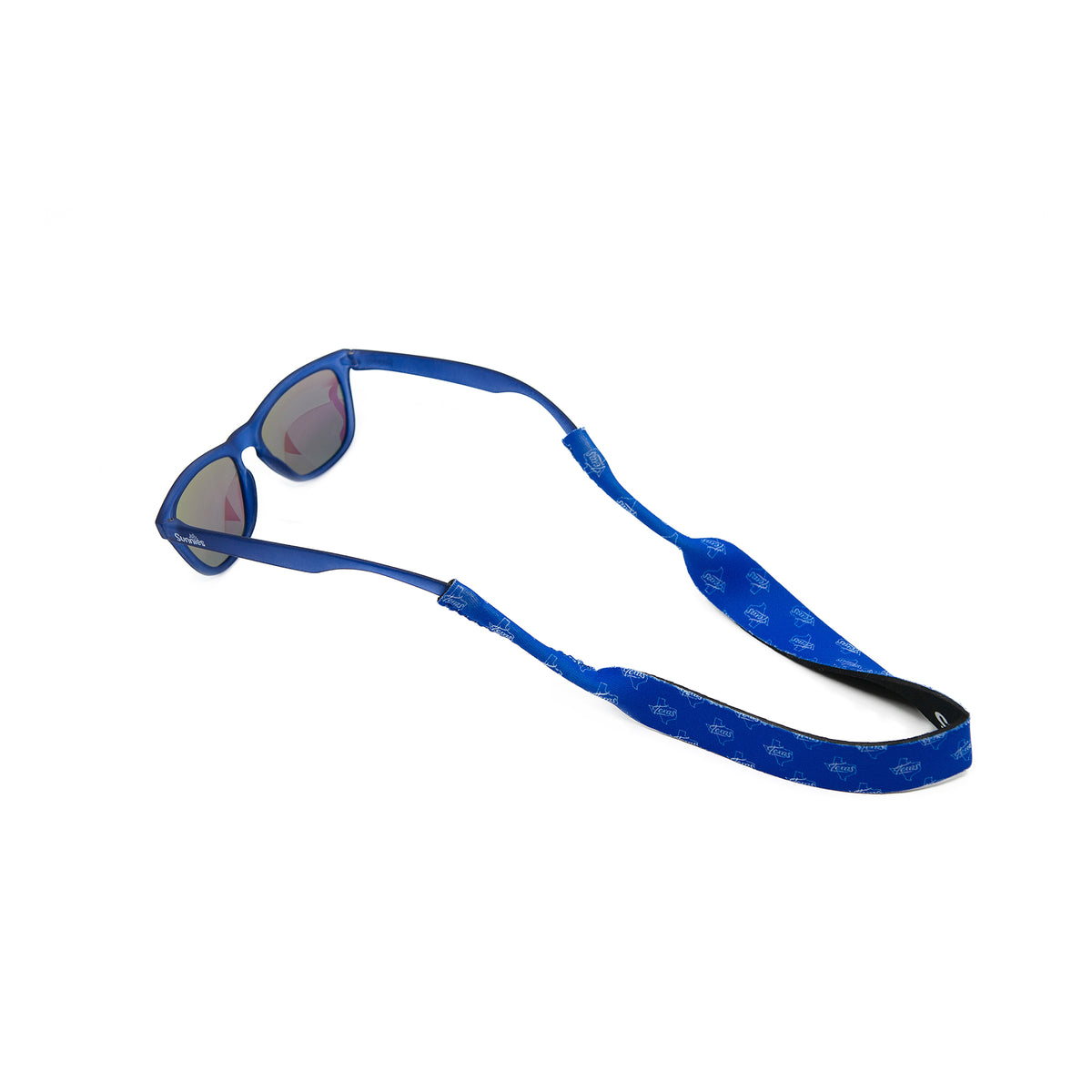 Kids sunglass leash in a Texas print attached to a pair of sunnies kids sunglasses