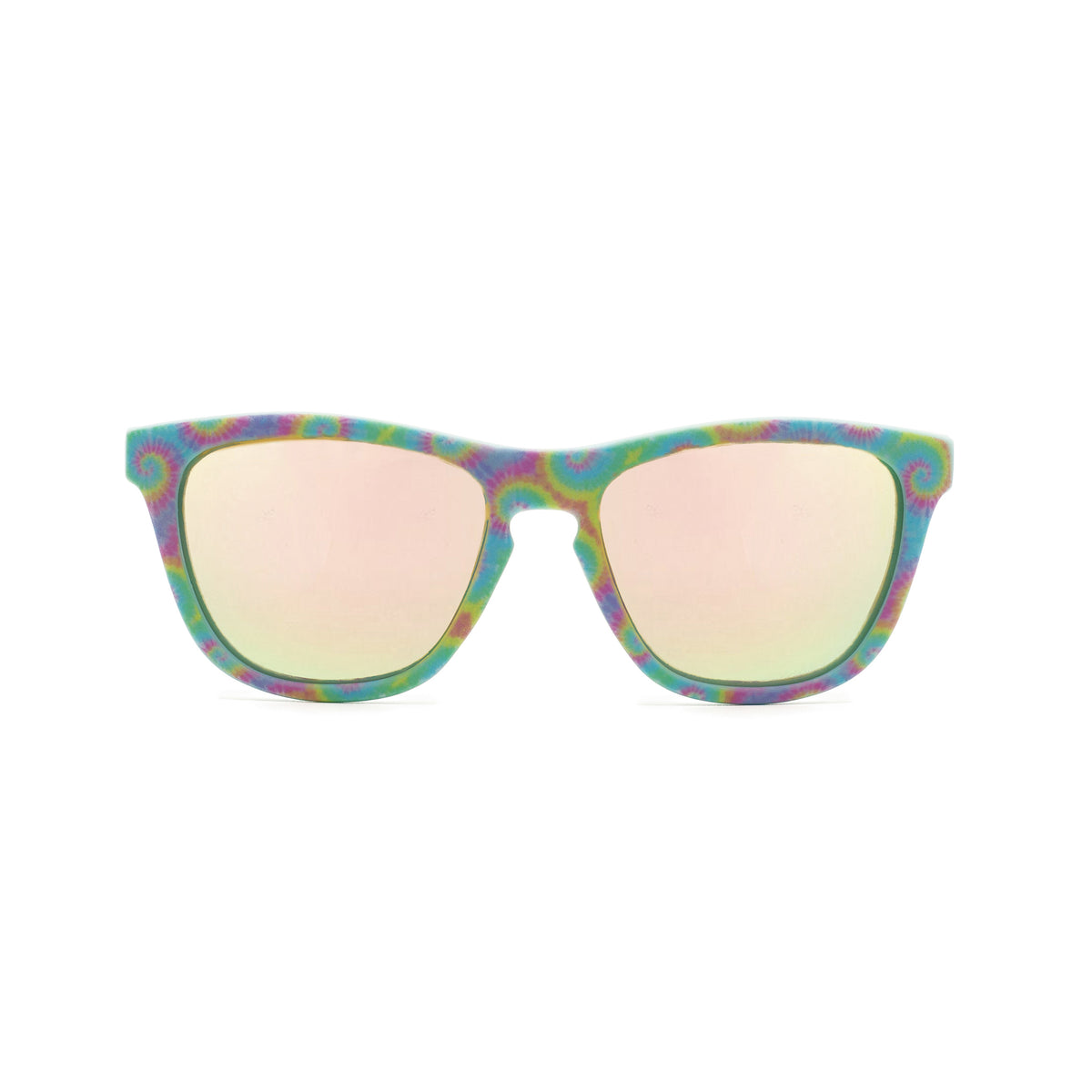 Front view of tie dye kids sunglasses with gold polarized lenses