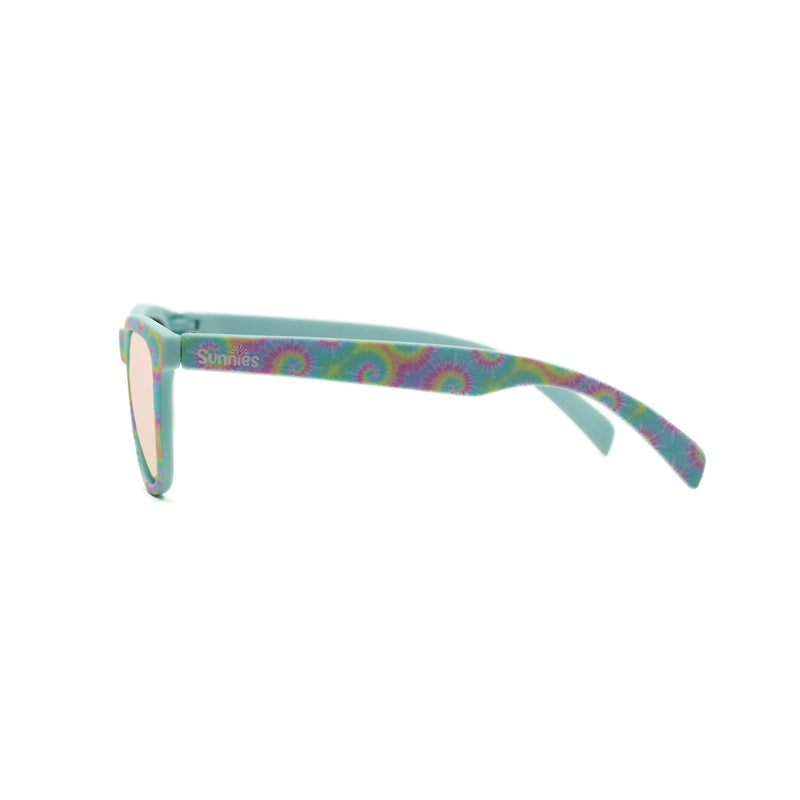 Side view of polarized kids sunglasses in a pastel tie dye print