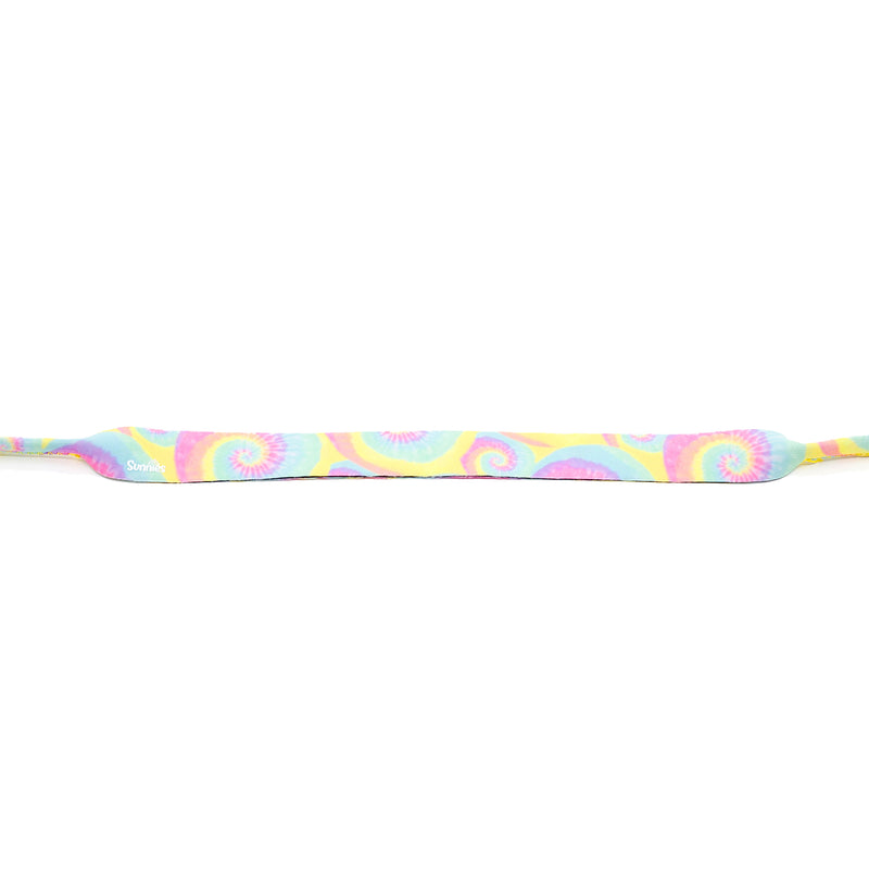 Front view of neoprene kids sunglass strap in a tie dye print