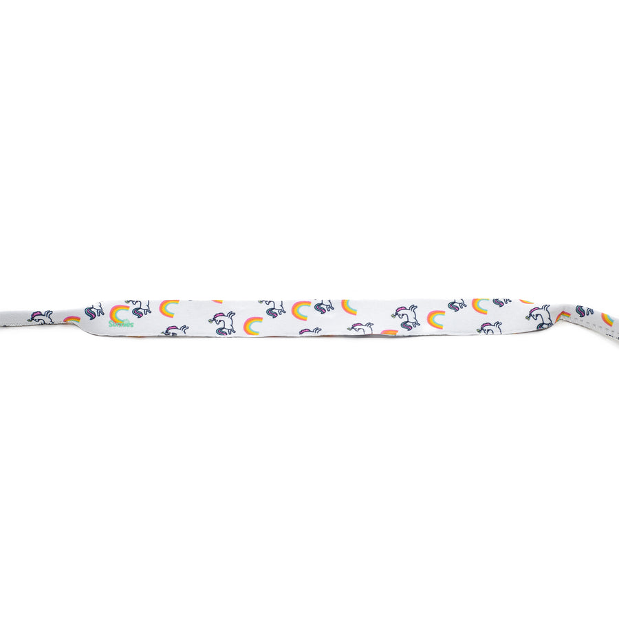 Neoprene kids sunglass strap in a unicorn and rainbow print