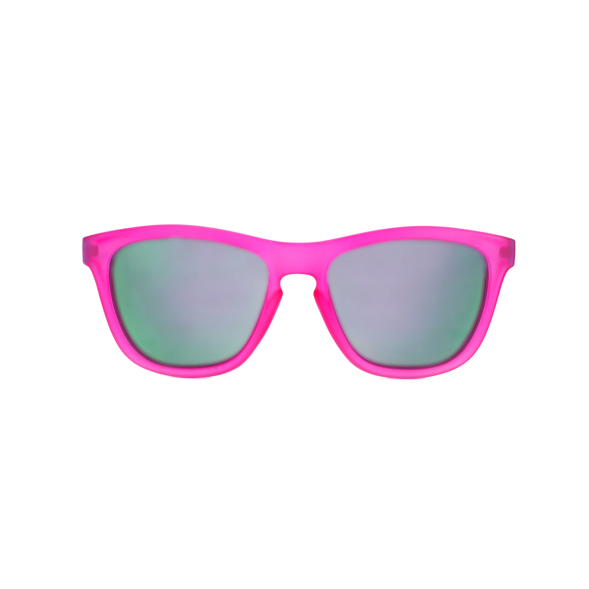 Front view of kids two tone sunglasses with a hot pink front and turquoise sides 
