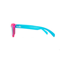 Side view of Sunnies kids polarized sunglass two tone frame with pink and turquoise 
