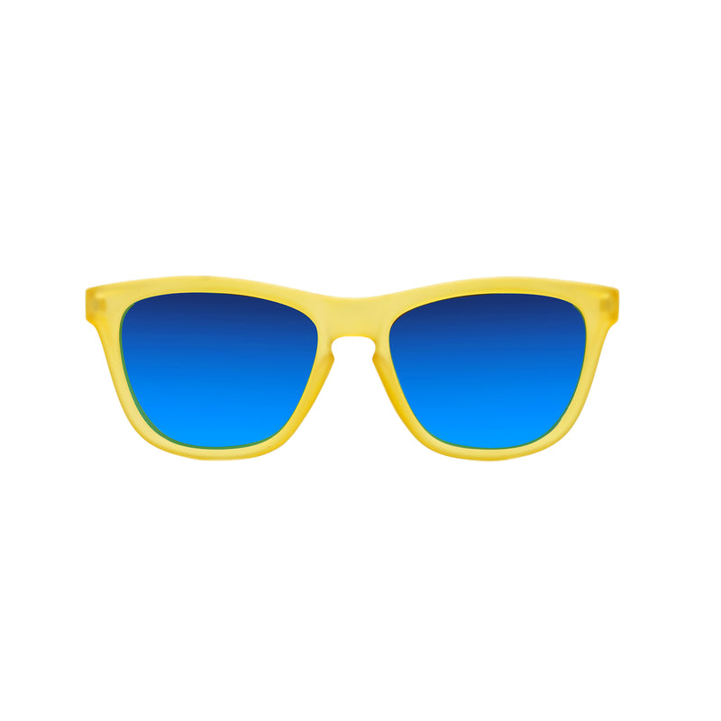 Front view of yellow kids polarized sunglasses with reflective blue lenses