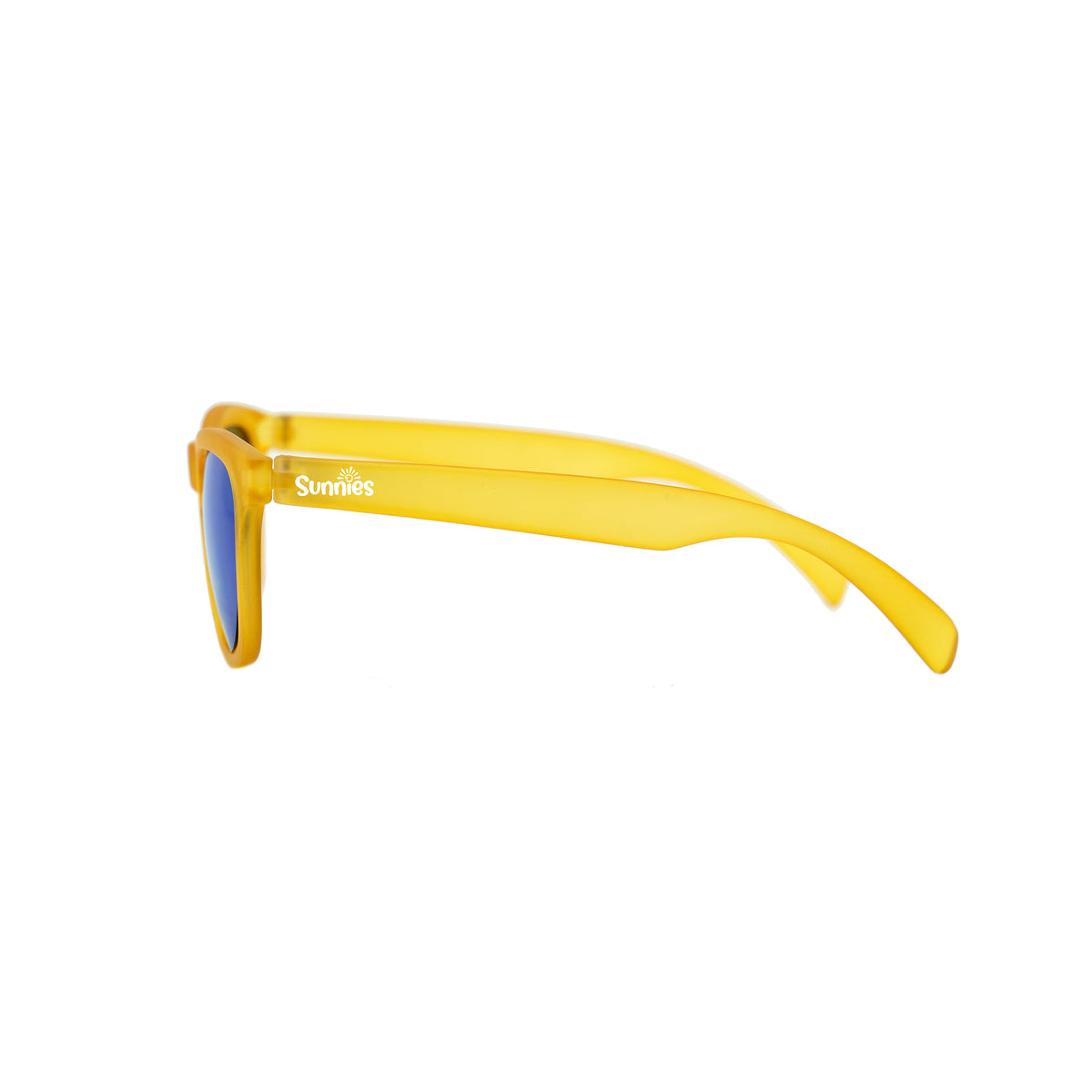 Side view of kids polarized sunglasses by Sunnies in a yellow, transparent frame and reflective blue lenses