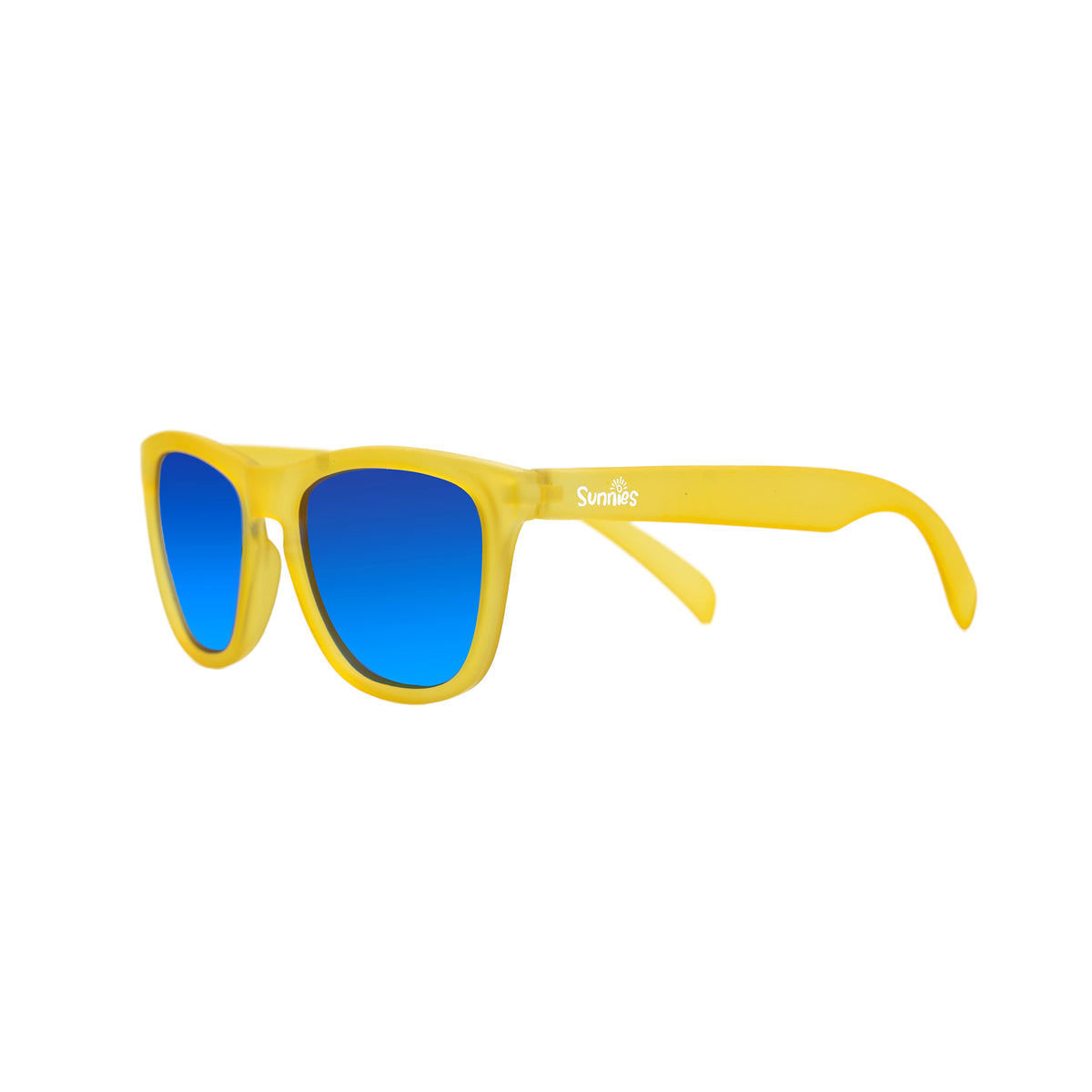 Yellow kids sunglasses with a transparent frame and polarized, reflective blue lenses