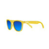 Thumbnail for Yellow kids sunglasses with a transparent frame and polarized, reflective blue lenses