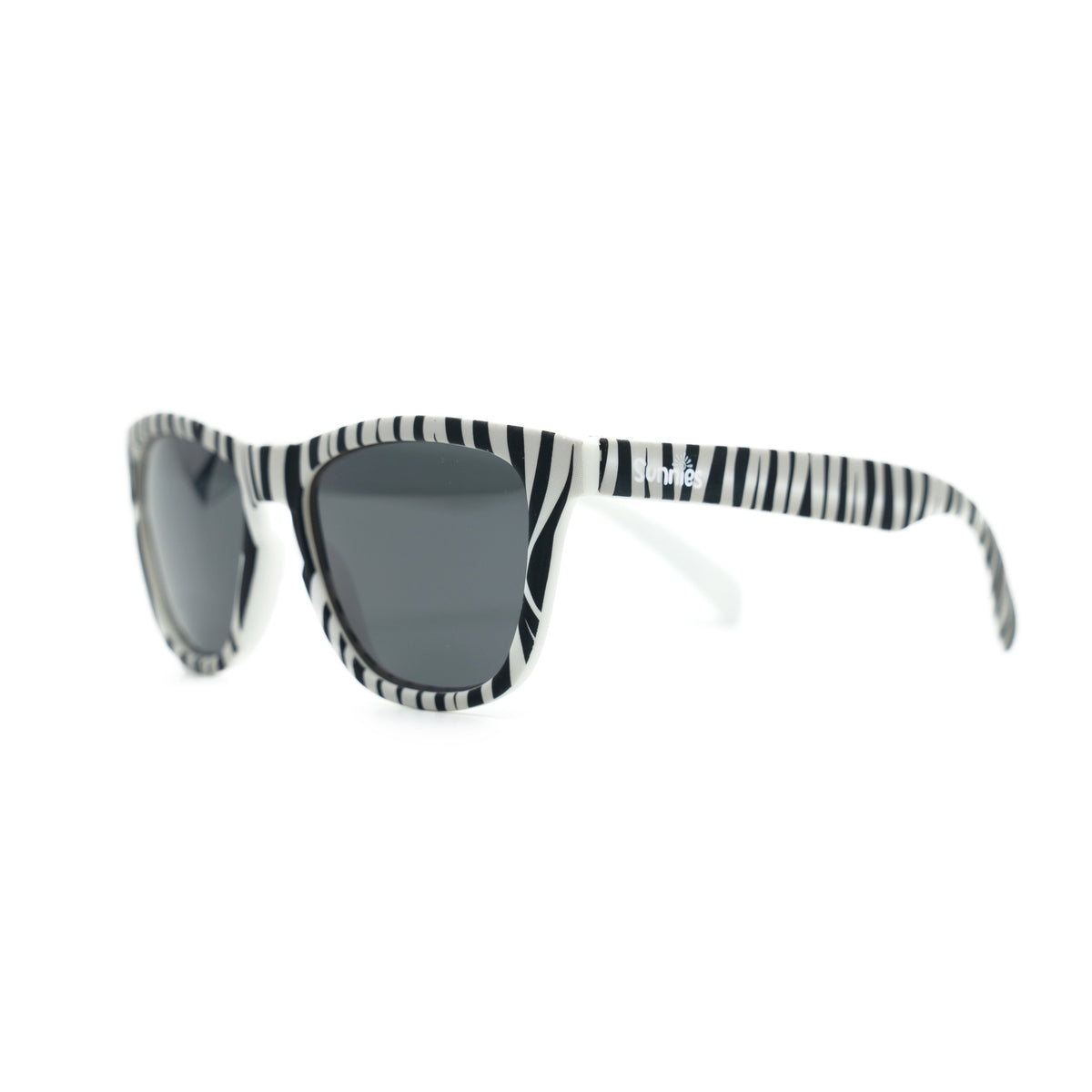 Zebra print kids sunglass with non reflective black lenses with polarized lenses and 100% UVA/UVB protection
