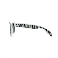 Side view of polarized kids sunglasses in a zebra print.